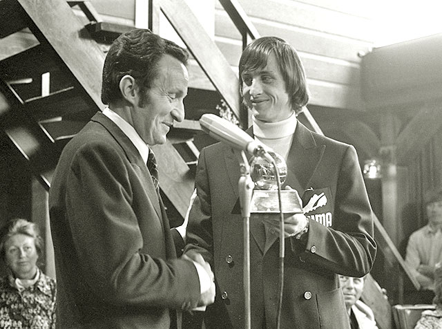 Johan Cruyff being presented with one of his three Ballon d'Or awards
