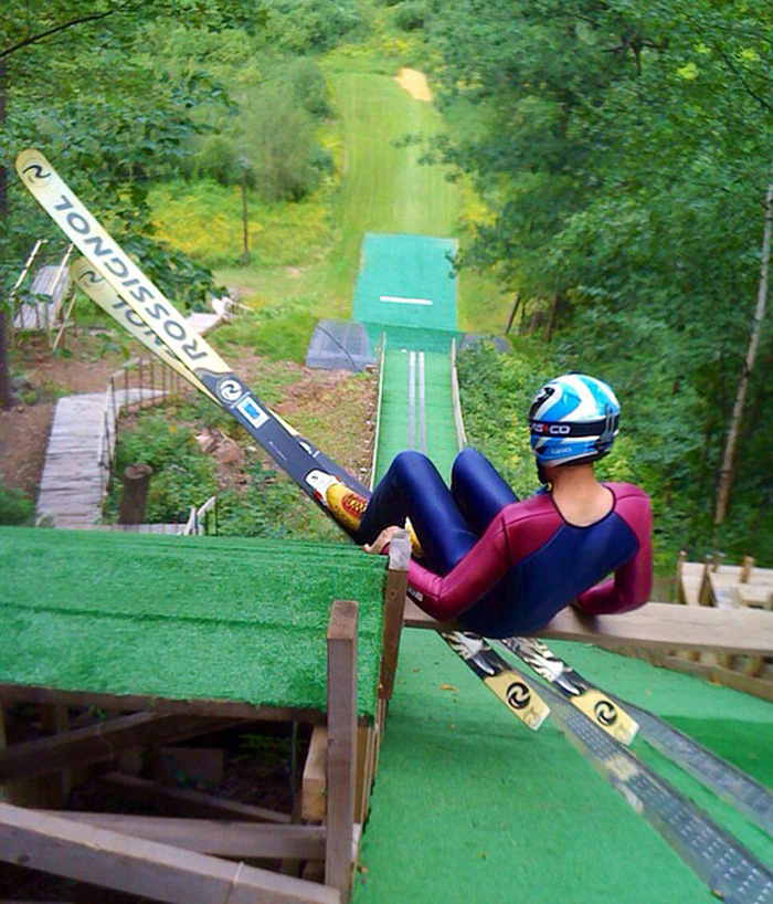 ski jump practice on a grass hill